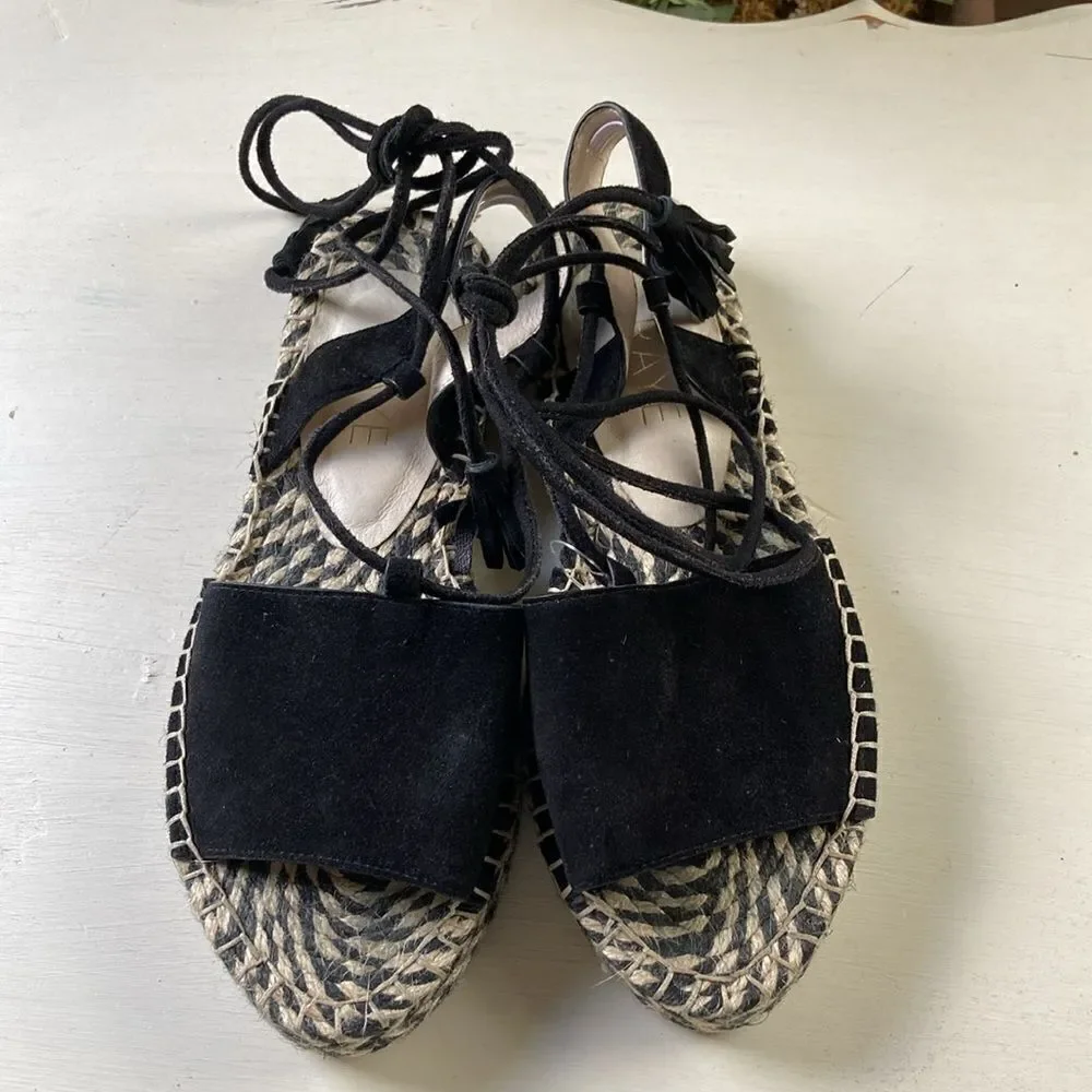 Revole Raye Espadrilles Black Leather Suede Lace up Tassel Detail Size 8.5